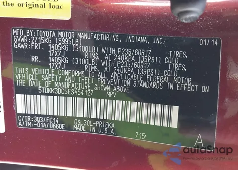 2014 Toyota Sienna Le V6 8 Passenger z USA, uszkodzony, nr VIN 5TDKK3DC5ES454127